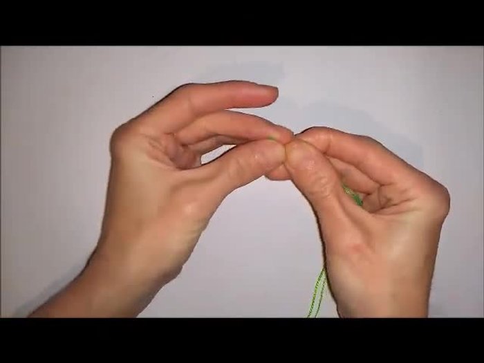 Prepare longest cords: Take both ends of your longest card and run them through your fingers to find the center. Match this center with the center of the shortest card and tie a knot.