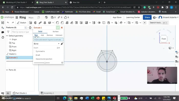 Extrude the ring’s body. Select the outer circle and inner circle areas in your first sketch. Extrude them outwards to a chosen thickness (e.g., 0.24 inches).