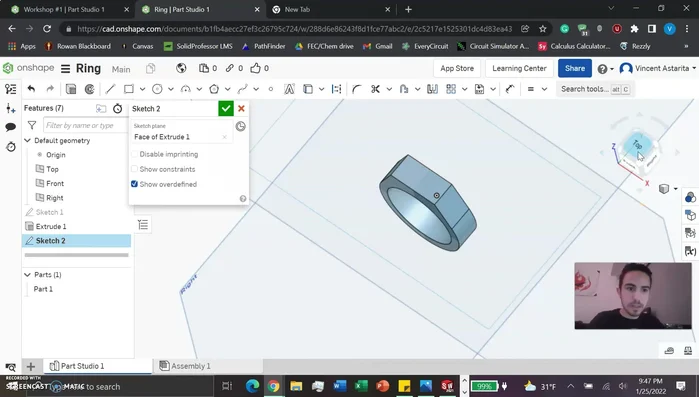 Create a sketch on the top plane for the engraving. Use the text tool to add your desired text. Position and size the text carefully within the rectangle (e.g., dimensions 0.13 inches by 0.13 inches). Use constraints as needed.