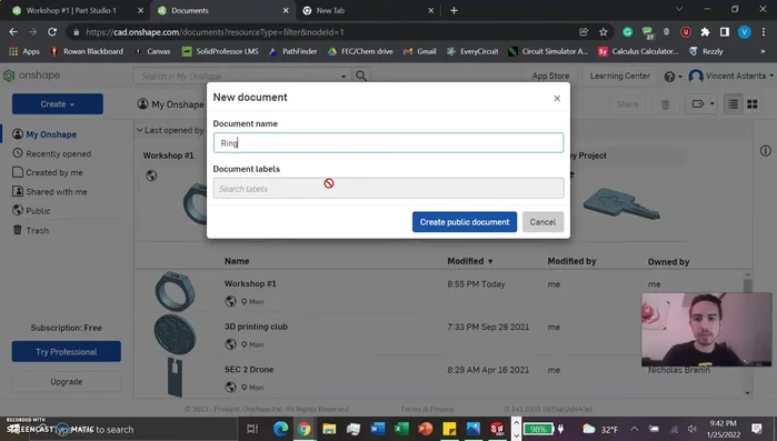 Create a new Onshape document and name it (e.g., 'ring').