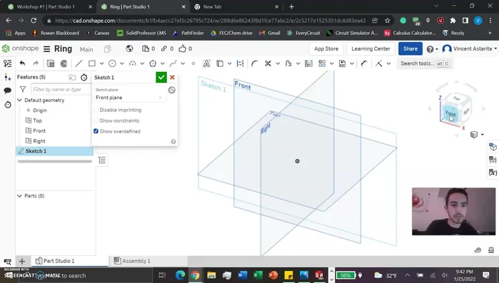 Make a sketch on the front plane. Draw two concentric circles to define the inner and outer diameters of the ring. Dimension these circles to your desired size (e.g., 0.71 inches inner diameter, 0.88 inches outer diameter).
