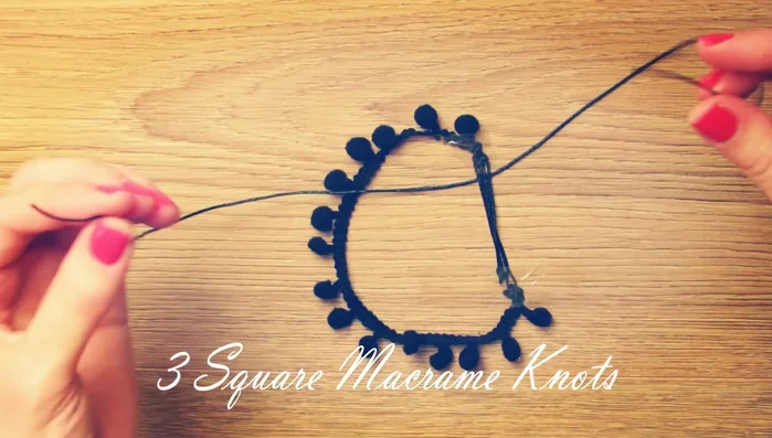 Create three square knots using the cords, following the described technique (creating loops and passing cords over and under).