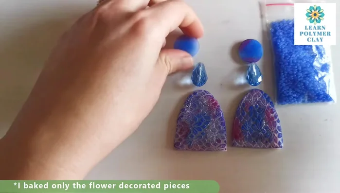 Bake the colored pieces again for 30 minutes. Drill holes for earring findings.