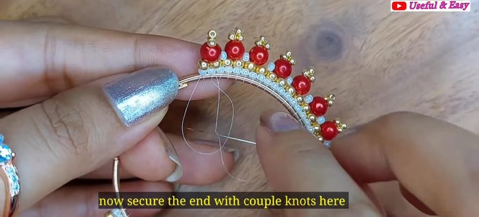 Red Hoop Earring (Circular Brick Stitch): Secure the end with knots and trim the thread.